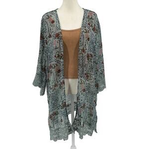 Mason & Belle Kimono Cardigan WMNS XL Sheer Cover Up Green Floral Crochet Trim